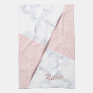 Elegant girly rose gold glitter & white marble tea towel