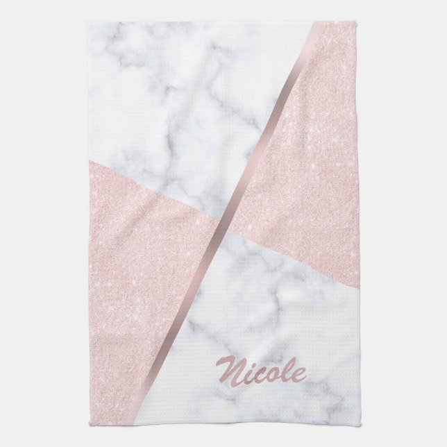 Elegant girly rose gold glitter & white marble tea towel (Vertical)