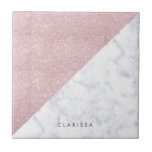 Elegant girly rose gold glitter white marble tile<br><div class="desc">Stylish and elegant geometric faux rose gold glitter and white marble colour block.</div>