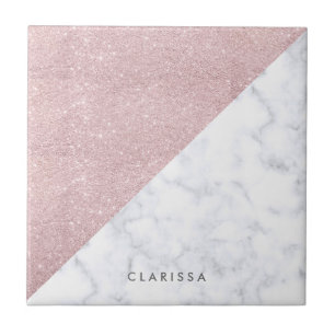 Elegant girly rose gold glitter white marble tile