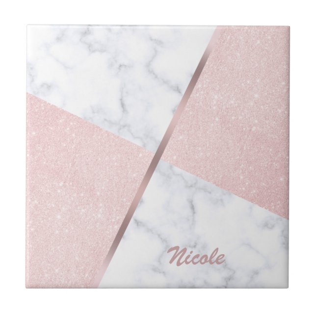 Elegant girly rose gold glitter & white marble tile (Front)