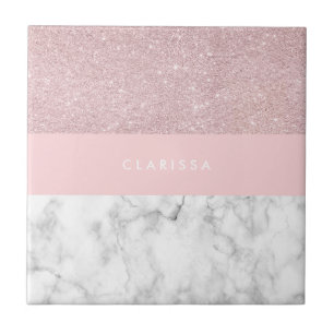 Elegant girly rose gold glitter & white marble tile