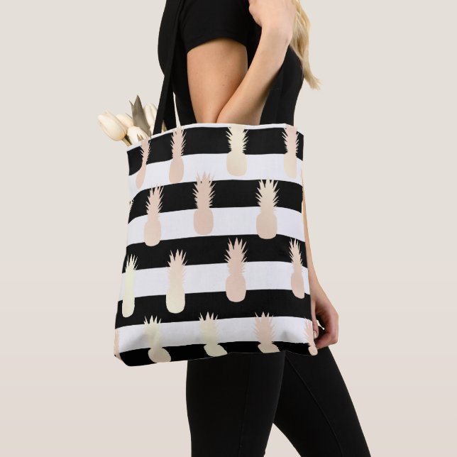 Elegant girly rose gold pineapple pattern striped tote bag (Close Up)