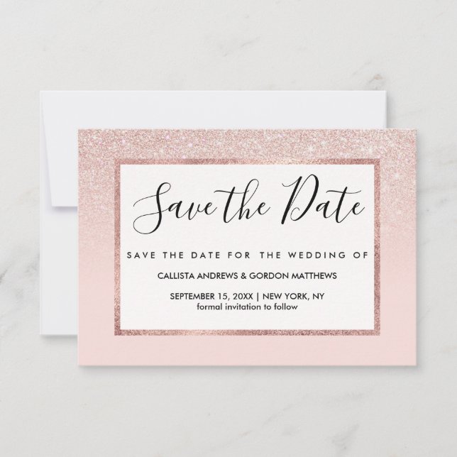 Elegant Girly Rose Gold Pink Glitter Ombre Save The Date (Front)