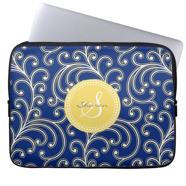 Elegant girly royal blue floral pattern monogram laptop sleeve (Front)