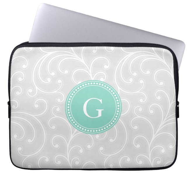 Elegant girly silver floral pattern monogram laptop sleeve (Front)