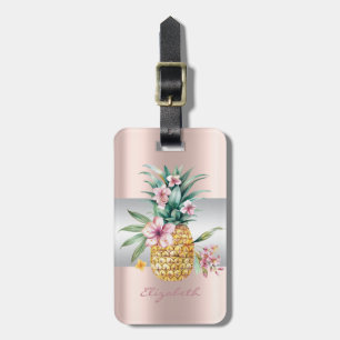 Elegant Girly Stripe,Floral Pineapple Rose Gold Luggage Tag