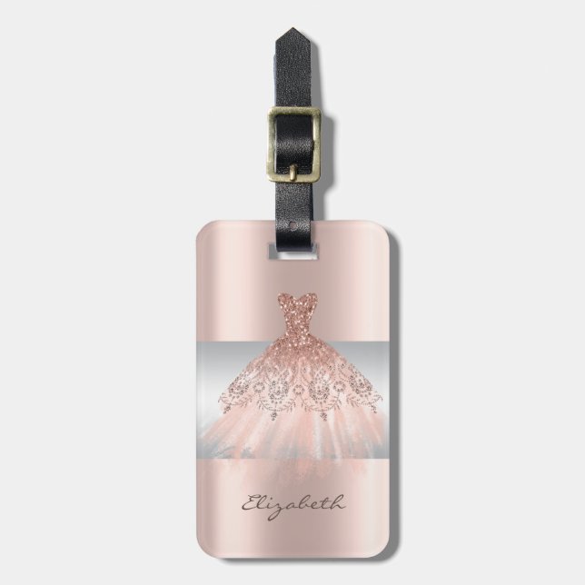 Elegant Girly Stripe,Rose Gold Dress Luggage Tag (Front Vertical)