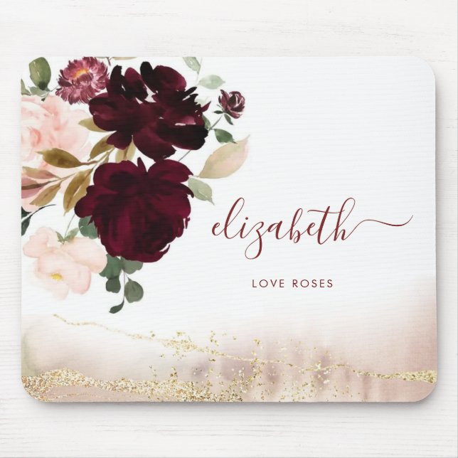 Elegant Girly Stylish Gold Glitter Floral Monogram Mouse Mat (Front)