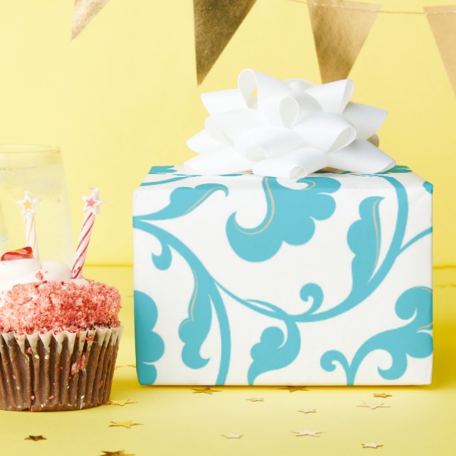 Elegant girly teal blue floral pattern monogram wrapping paper (Birthday Party)