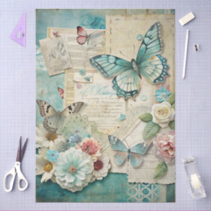 Elegant Girly Teal Cottagecore Floral & Butterfly Tissue Paper