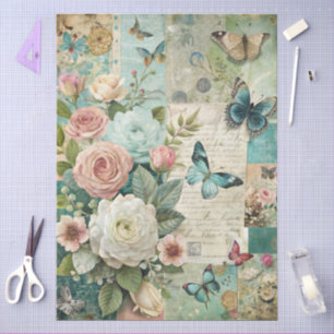 Elegant Girly Teal Cottagecore Pink Floral Tissue Paper