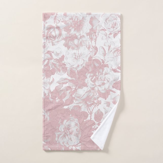 Elegant girly trendy pink coral white floral lace hand towel (Hand Towel)