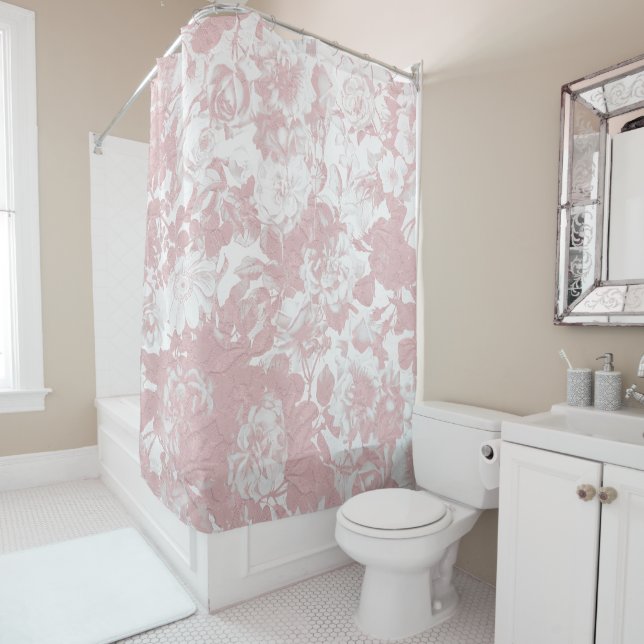 Elegant girly trendy pink coral white floral lace shower curtain (In Situ)