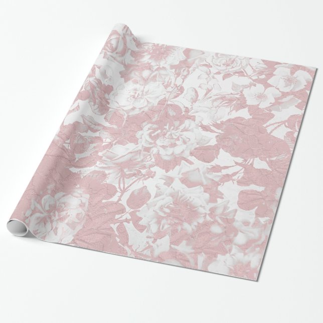 Elegant girly trendy pink coral white floral lace wrapping paper (Unrolled)