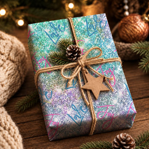 Elegant girly turquoise iridescent glitter rainbow wrapping paper