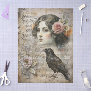 Elegant Girly Victorian Ephemera Florals & Raven Tissue Paper