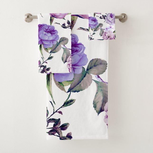 Elegant Girly Violet Lilac Purple Flowers Bath Towel Set (Insitu)