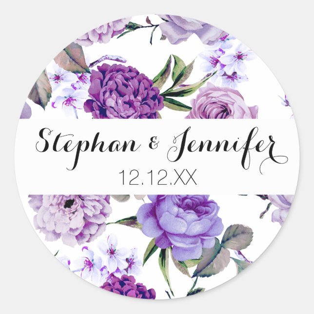 Elegant Girly Violet Lilac Purple Flowers Classic Round Sticker (Front)