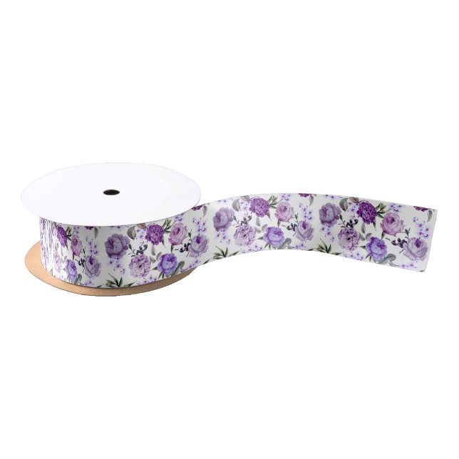 Elegant Girly Violet Lilac Purple Flowers Satin Ribbon (Spool)