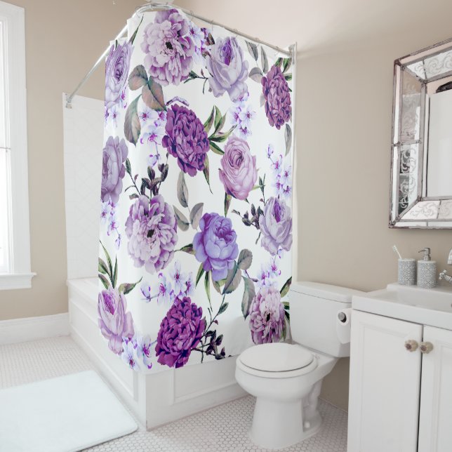 Elegant Girly Violet Lilac Purple Flowers Shower Curtain (In Situ)