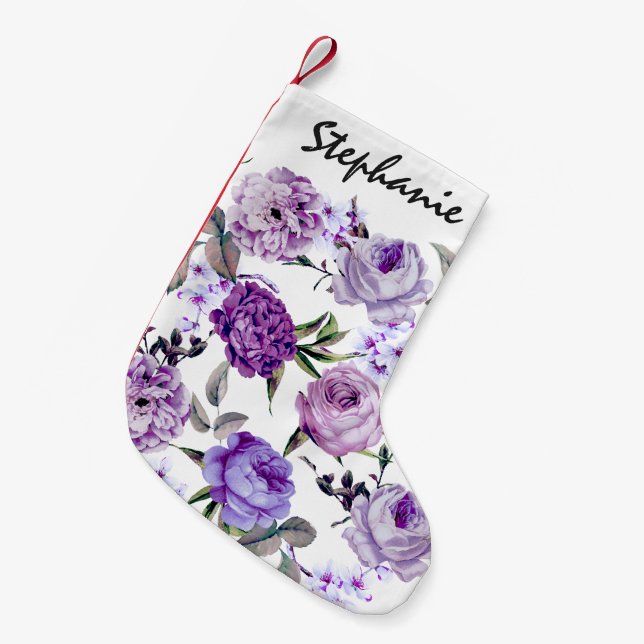 Elegant Girly Violet Lilac Purple Flowers Small Christmas Stocking (Front (Hanging))