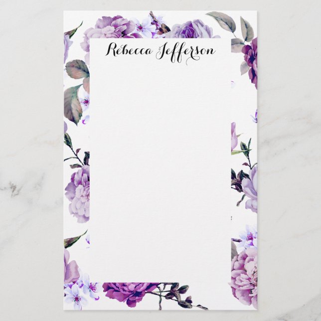 Elegant Girly Violet Lilac Purple Flowers Stationery (Front)