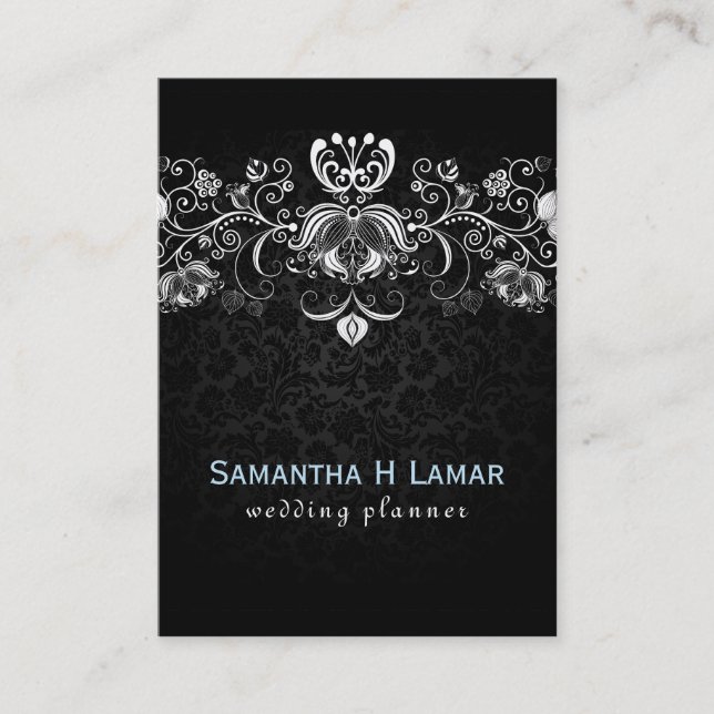 Elegant Girly White Lace On Black Damasks Business Card (Front)