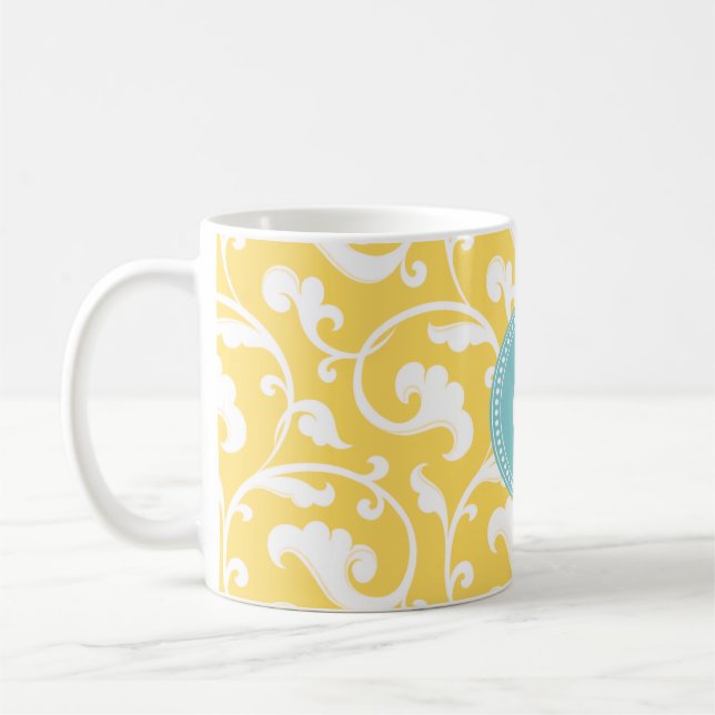 Elegant girly yellow floral pattern monogram coffee mug (Left)