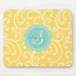 Elegant girly yellow floral pattern monogram mouse mat