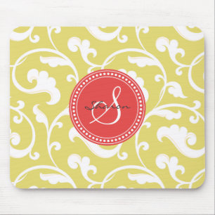 Elegant girly yellow floral pattern monogram mouse mat