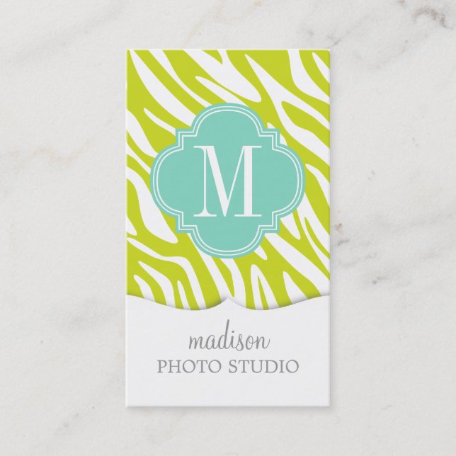 Elegant Girly Zebra Lime Turquoise Personalised Business Card (Front)
