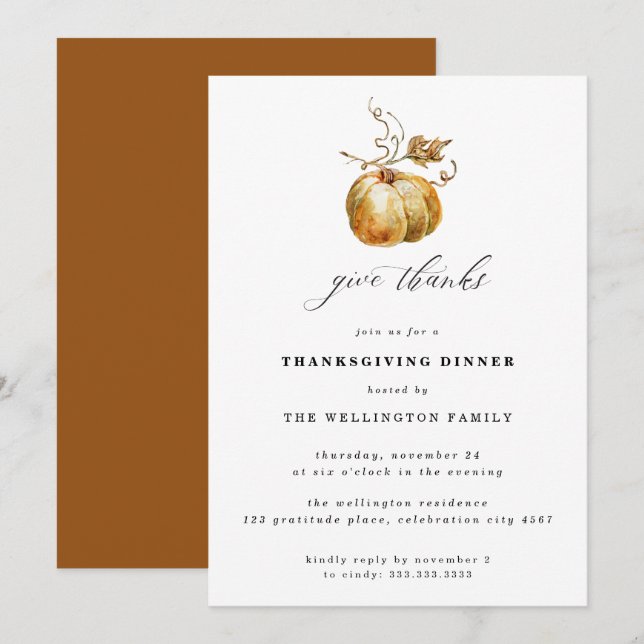 Elegant Give Thank Watercolor Pumpkin Thanksgiving Invitation (Front/Back)