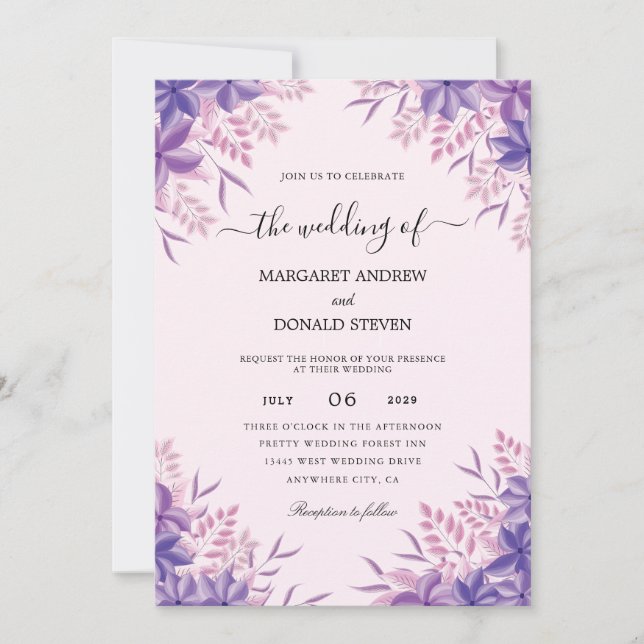 Elegant gladiolus purple wedding invitations (Front)
