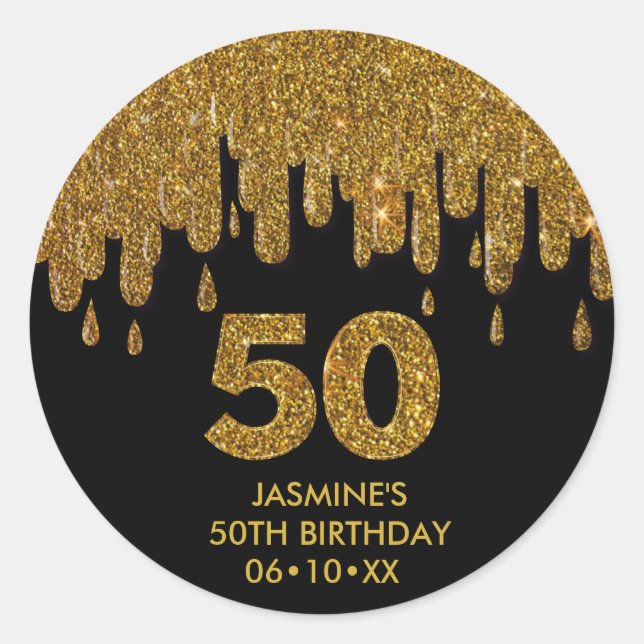 Elegant Glam 50th Birthday Gold Glitter Classic Round Sticker (Front)
