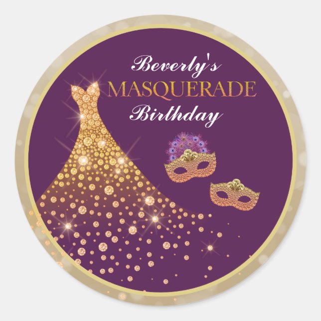 Elegant Glam Birthday Masquerade Classic Round Sticker (Front)