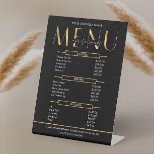 Elegant Glam Black & Gold Business Price List Menu Pedestal Sign