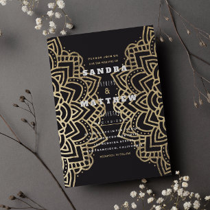 Elegant Glam Black Gold Floral Mandala Wedding Invitation