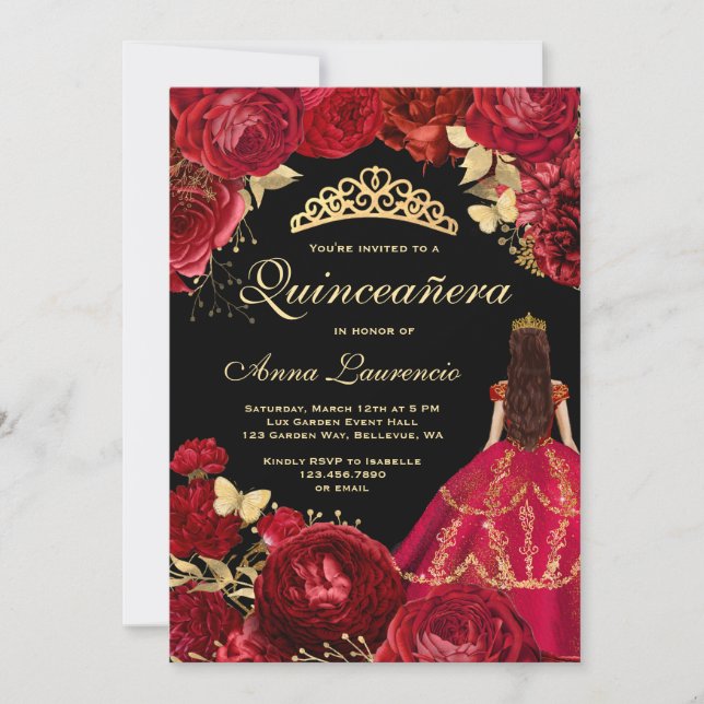 Elegant Glam Black Gold Red Quinceanera Invitation (Front)