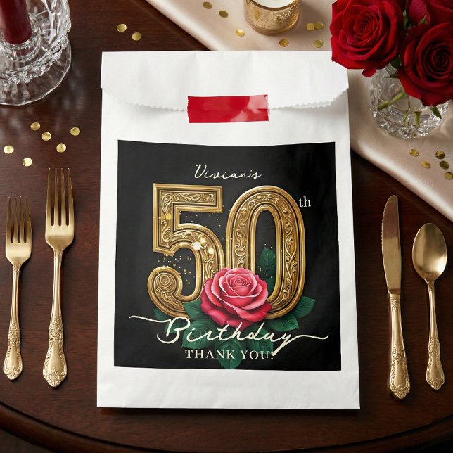 Elegant Glam Black Gold Red Rose 50th Birthday Favour Bags (Creator Uploaded)