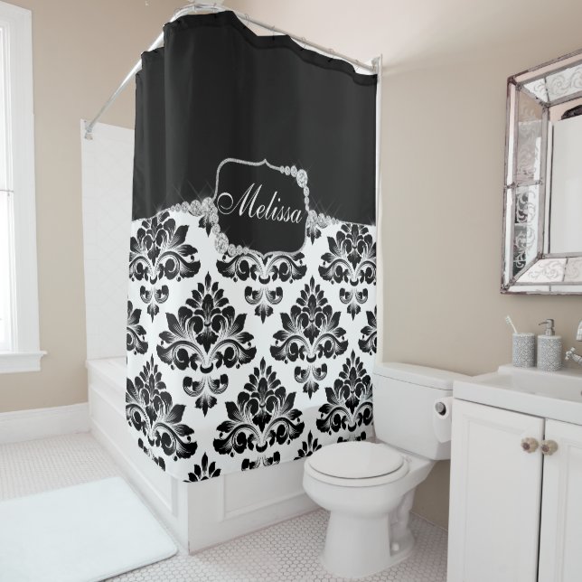Elegant Glam Black White Damask Diamonds Shower Curtain (In Situ)