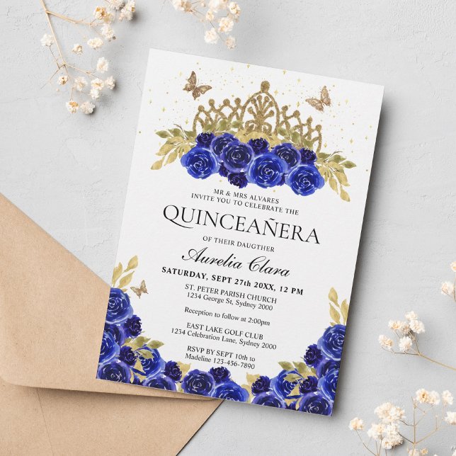 Elegant Glam Blue Floral Gold Tiara Quinceanera Invitation (Creator Uploaded)
