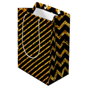 Elegant Glam Chevron Gold Black Glitter Sparkle Medium Gift Bag