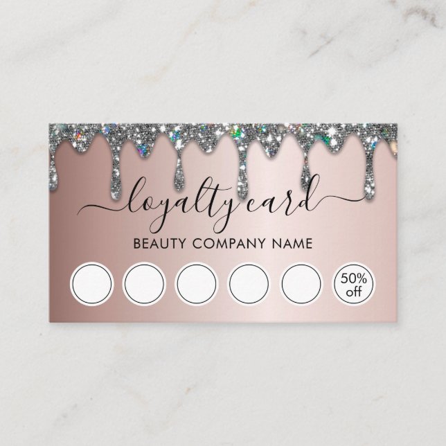 Elegant Glam Faux Silver Glitter Drips Loyalty Business Card (Front)