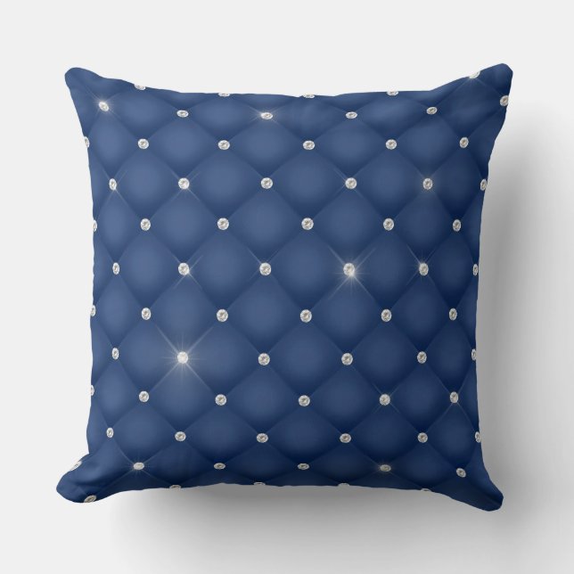 Elegant Glam Glittering Tufted Diamond Dark Blue Cushion (Front)