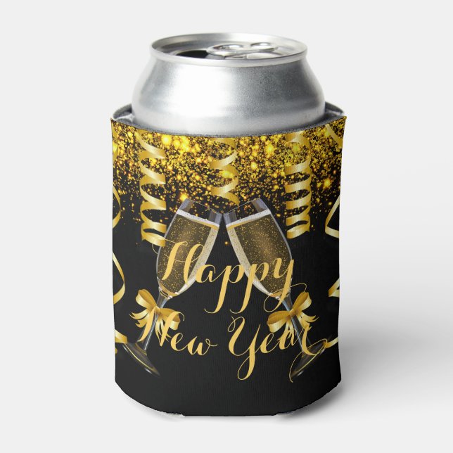 Elegant Glam Gold Black New Year`s Eve Party Can Cooler (Can Front)