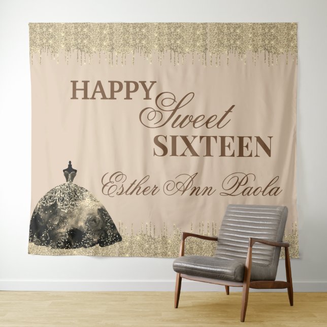 Elegant Glam Gold Brown Glitter Sweet 16 Birthday Tapestry (In Situ (Horizontal))