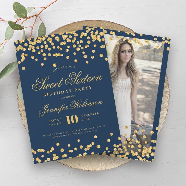 Elegant Glam Gold Navy Confetti Photo Sweet 16   Invitation (Elegant Glam Gold Navy Confetti Photo Sweet 16 Invitation)