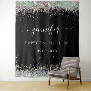 Elegant Glam Holographic Glitter Birthday Black Tapestry