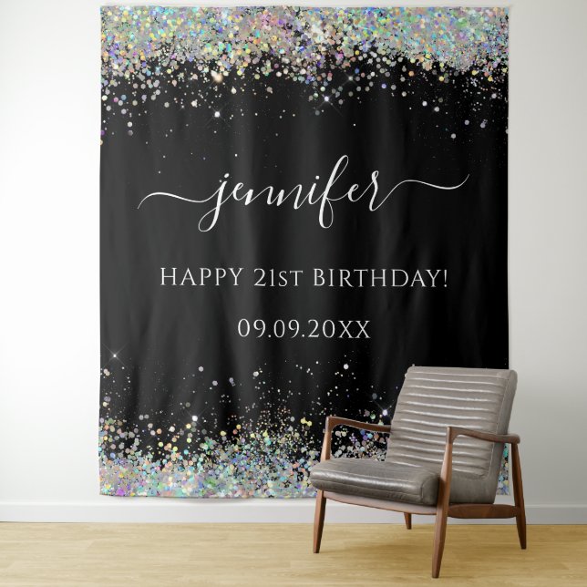 Elegant Glam Holographic Glitter Birthday Black Tapestry (In Situ)